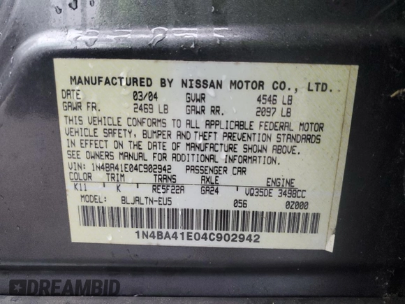 2004 Nissan Maxima SE with VIN 1N4BA41E04C902942, listed as a Copart auction lot 82238764 with 140,931 mi miles and Clean Title. Bid and sale history available at DreamBid. Image 12.