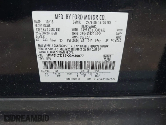 2019 Ford Explorer XLT z VIN 1FM5K7D82KGA39977, wystawiony jako IAAI lot #42190336 z przebiegiem 137 216 mil mil oraz . Historia ofert i sprzedaży dostępna na DreamBid. Obrazek 9.