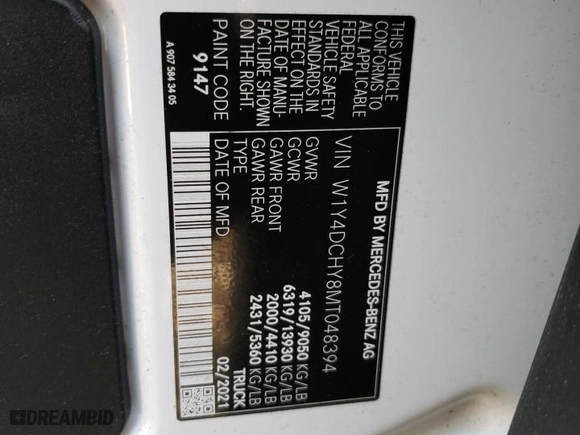 2021 Mercedes-Benz Sprinter Cargo Van with VIN W1Y4DCHY8MT048394, listed as a Copart auction lot 75843484 with 99,961 mi miles and Salvage Title. Bid and sale history available at carsss.com. Image 14.