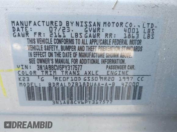 2023 Nissan Sentra SV with VIN 3N1AB8CV6PY317577, listed as a IAAI auction lot 42245535 with 9,243 mi miles and . Bid and sale history available at DreamBid. Image 9.