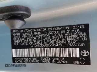 2013 Toyota Prius One with VIN JTDKN3DU8D5612478, listed as a Copart auction lot 46039855 with 141,195 mi miles and Salvage Title. Bid and sale history available at DreamBid. Image 12.