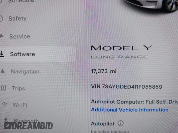 2024 Tesla Model Y with VIN 7SAYGDED4RF055859, listed as a IAAI auction lot 42201099 with 17,373 mi miles and . Bid and sale history available at DreamBid. Image 15.