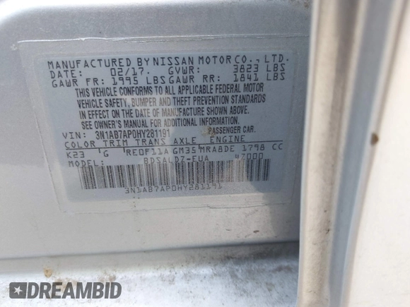2017 Nissan Sentra S z VIN 3N1AB7AP0HY281191, wystawiony jako IAAI lot #42133599 z przebiegiem 74 441 mil mil oraz . Historia ofert i sprzedaży dostępna na DreamBid. Obrazek 9.