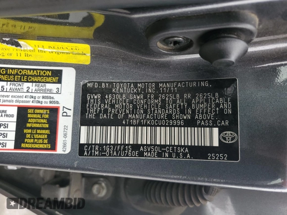 2012 Toyota Camry L with VIN 4T1BF1FK0CU029996, listed as a Copart auction lot 55136735 with 200,895 mi miles and Salvage Title. Bid and sale history available at carsss.com. Image 12.