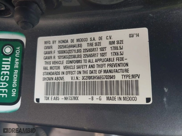 2014 Honda CR-V EX with VIN 3CZRM3H56EG702849, listed as a IAAI auction lot 41743635 with 1 mi miles. Bid and sale history available at carsss.com. Image 9.