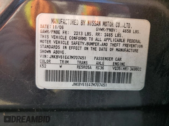 2007 Infiniti G35 Sedan Journey with VIN JNKBV61E47M707451, listed as a Copart auction lot 42640955 with 207,310 mi miles and Salvage Title. Bid and sale history available at carsss.com. Image 12.