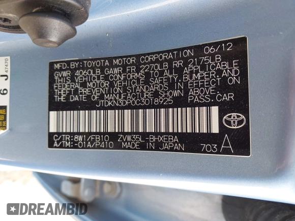 2012 Toyota Prius z VIN JTDKN3DP0C3018925, wystawiony jako IAAI lot #42193139 z przebiegiem 125 900 mil mil oraz . Historia ofert i sprzedaży dostępna na DreamBid. Obrazek 9.
