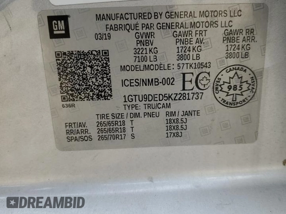 2019 GMC Sierra 1500 SLT z VIN 1GTU9DED5KZ281737, wystawiony jako Copart lot #43810515 z przebiegiem 80 843 mil mil oraz Szkoda całkowita • Salvage title. Historia ofert i sprzedaży dostępna na DreamBid. Obrazek 12.