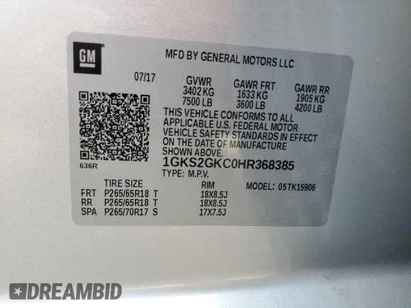 2017 GMC Yukon XL SLT with VIN 1GKS2GKC0HR368385, listed as a Copart auction lot 54260245 with 90,942 mi miles and Salvage title. Bid and sale history available at DreamBid. Image 13.