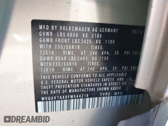2015 Volkswagen Tiguan SE with VIN WVGAV7AX0FW544218, listed as a IAAI auction lot 41897418 with 97,235 mi miles and . Bid and sale history available at DreamBid. Image 9.