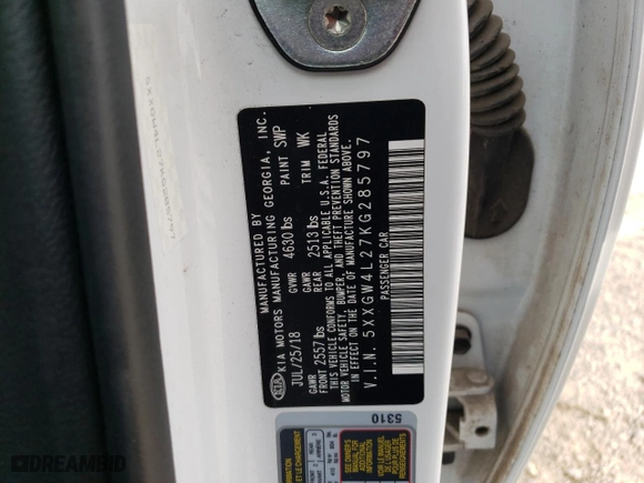 2019 Kia Optima SX with VIN 5XXGW4L27KG285797, listed as a Copart auction lot 76615164 with 25,551 mi miles and Salvage Title. Bid and sale history available at carsss.com. Image 12.