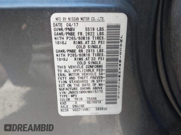 2017 Infiniti QX70 with VIN JN8CS1MWXHM415170, listed as a IAAI auction lot 42788300 with 128,468 mi miles and . Bid and sale history available at DreamBid. Image 9.