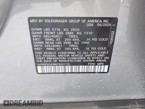 2024 Volkswagen Atlas SEL Premium R-Line z VIN 1V2FE2CA3RC242710, wystawiony jako IAAI lot #42021488 z przebiegiem 20 048 mil mil oraz . Historia ofert i sprzedaży dostępna na DreamBid. Obrazek 9.