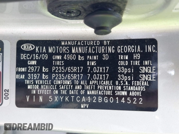 2011 Kia Sorento LX with VIN 5XYKTCA12BG014522, listed as a IAAI auction lot 42115390 with 116,515 mi miles. Bid and sale history available at carsss.com. Image 9.