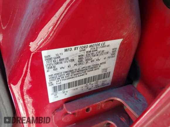 2012 Ford F-250 XL with VIN 1FT7W2B68CEA54678, listed as a IAAI auction lot 40631279 with 160,627 mi miles and . Bid and sale history available at DreamBid. Image 9.