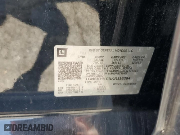 2019 Chevrolet Suburban LT z VIN 1GNSKHKCXKR116384, wystawiony jako Copart lot #60829385 z przebiegiem Nie podano mil oraz Czysty tytuł • Clean title. Historia ofert i sprzedaży dostępna na DreamBid. Obrazek 13.
