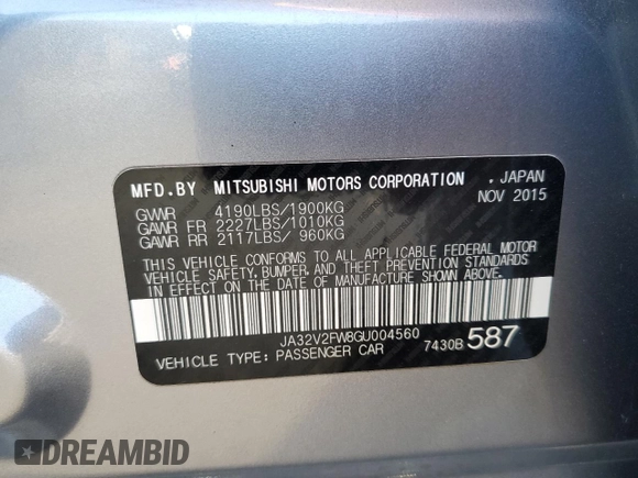 2016 Mitsubishi Lancer SE with VIN JA32V2FW8GU004560, listed as a Copart auction lot 79396804 with 41,209 mi miles and Salvage Title. Bid and sale history available at DreamBid. Image 14.