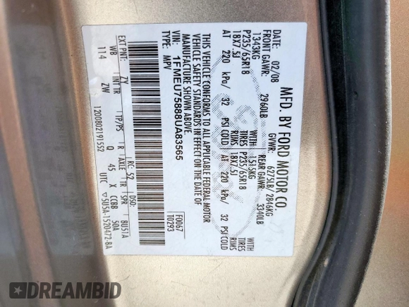 2008 Ford Explorer Limited z VIN 1FMEU75888UA83565, wystawiony jako Copart lot #49981115 z przebiegiem 102 718 mil mil oraz Szkoda całkowita • Salvage title. Historia ofert i sprzedaży dostępna na DreamBid. Obrazek 13.