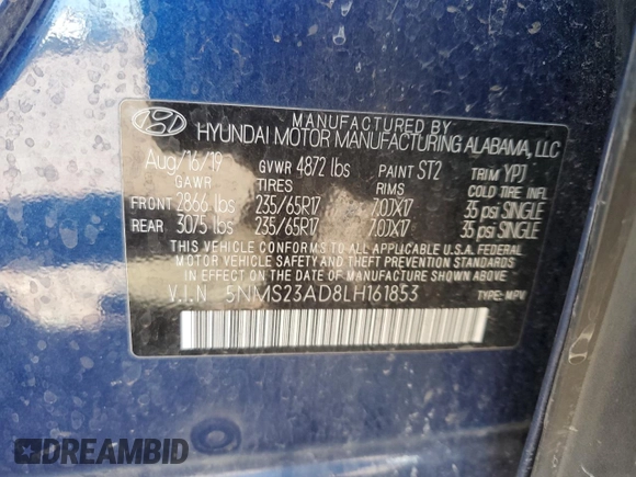 2020 Hyundai Santa Fe SE with VIN 5NMS23AD8LH161853, listed as a Copart auction lot 49668585 with 130,030 mi miles and Salvage Title. Bid and sale history available at carsss.com. Image 15.