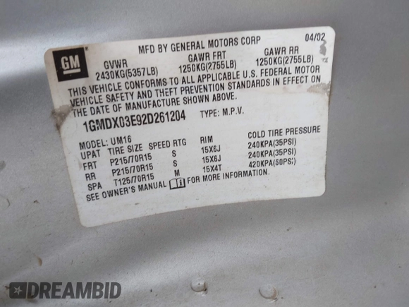 2002 Pontiac Montana with VIN 1GMDX03E92D261204, listed as a IAAI auction lot 41514460 with 175,551 mi miles and . Bid and sale history available at DreamBid. Image 9.