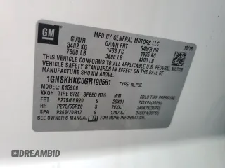 2016 Chevrolet Suburban LT z VIN 1GNSKHKC0GR190551, wystawiony jako Copart lot #43362105 z przebiegiem Nie podano mil oraz Szkoda całkowita • Salvage title. Historia ofert i sprzedaży dostępna na DreamBid. Obrazek 13.