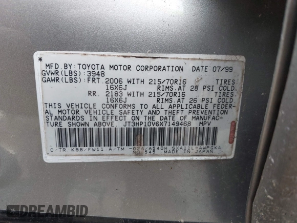 1999 Toyota RAV4 with VIN JT3HP10V6X7149468, listed as a IAAI auction lot 42304536 with Not provided miles and . Bid and sale history available at DreamBid. Image 9.