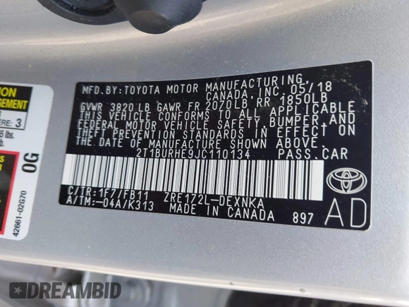 2018 Toyota Corolla L z VIN 2T1BURHE9JC110134, wystawiony jako IAAI lot #42166325 z przebiegiem 26 678 mil mil oraz . Historia ofert i sprzedaży dostępna na DreamBid. Obrazek 9.