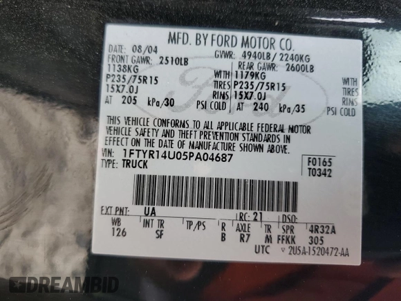 2005 Ford Ranger XL with VIN 1FTYR14U05PA04687, listed as a Copart auction lot 53953025 with 97,792 mi miles and Salvage title. Bid and sale history available at DreamBid. Image 12.