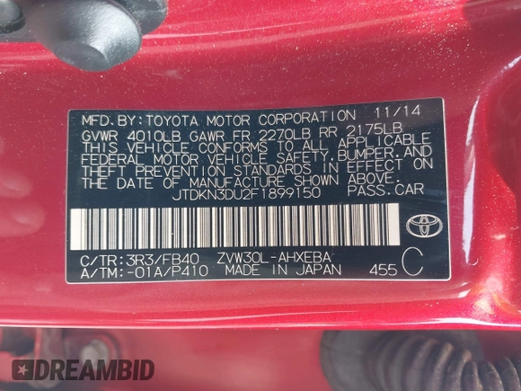 2015 Toyota Prius Four with VIN JTDKN3DU2F1899150, listed as a IAAI auction lot 42143825 with 199,405 mi miles and . Bid and sale history available at DreamBid. Image 9.