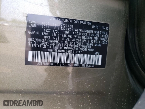 2024 Subaru Ascent Premium with VIN 4S4WMAED3R3413117, listed as a Copart auction lot 70282224 with 9,993 mi miles and Salvage title. Bid and sale history available at DreamBid. Image 12.