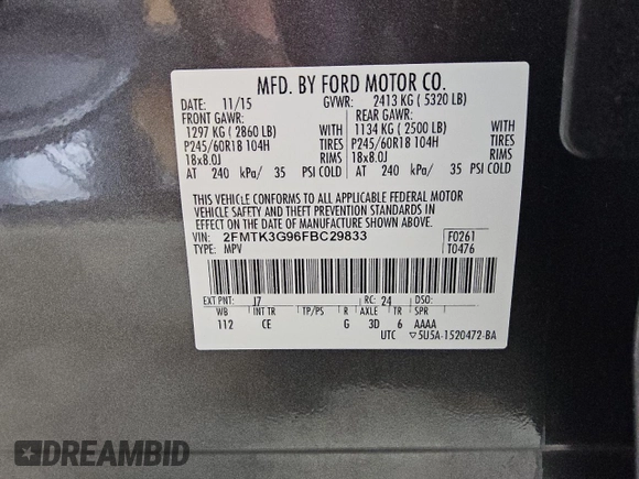 2015 Ford Edge SE with VIN 2FMTK3G96FBC29833, listed as a Copart auction lot 62596885 with 132,967 mi miles and Clean title. Bid and sale history available at DreamBid. Image 13.