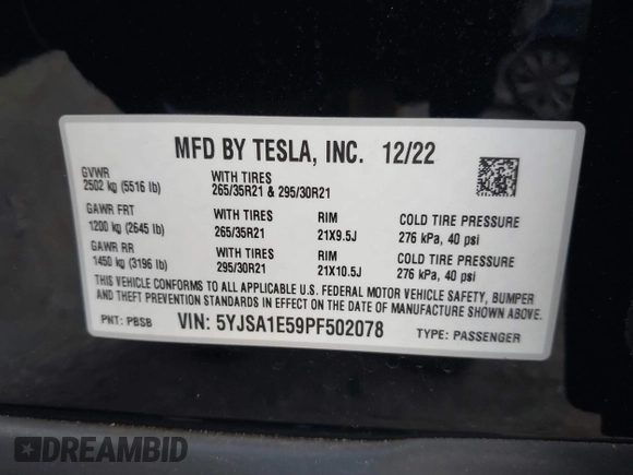 2023 Tesla Model S с VIN 5YJSA1E59PF502078, выставлен на аукционе IAAI как лот 41766041 с пробегом 26 546 миль миль и . История ставок и продаж доступна на DreamBid. Изображение 9.