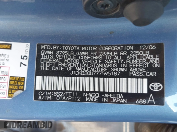 2007 Toyota Prius with VIN JTDKB20U777595187, listed as a IAAI auction lot 42521210 with 226,038 mi miles and . Bid and sale history available at DreamBid. Image 9.