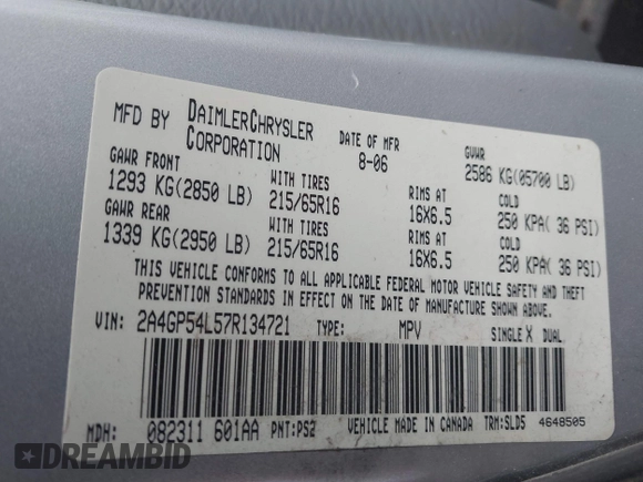 2007 Chrysler Town & Country Touring with VIN 2A4GP54L57R134721, listed as a IAAI auction lot 42242154 with 191,917 mi miles and . Bid and sale history available at DreamBid. Image 9.