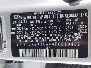 2015 Kia Sorento LX with VIN 5XYKTCA63FG610482, listed as a IAAI auction lot 41846658 with 120,529 mi miles. Bid and sale history available at carsss.com. Image 9.