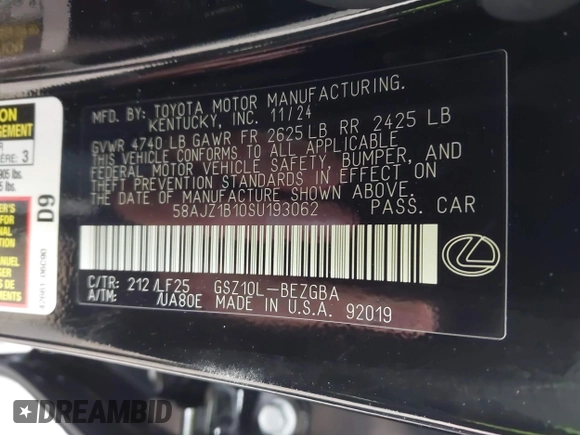2025 Lexus ES with VIN 58AJZ1B10SU193062, listed as a IAAI auction lot 41277618 with 1,466 mi miles. Bid and sale history available at carsss.com. Image 9.