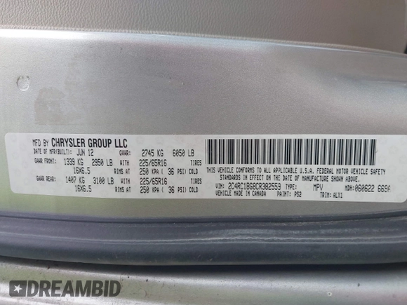 2012 Chrysler Town & Country Touring with VIN 2C4RC1BG8CR382559, listed as a IAAI auction lot 41532073 with 156,586 mi miles. Bid and sale history available at carsss.com. Image 9.