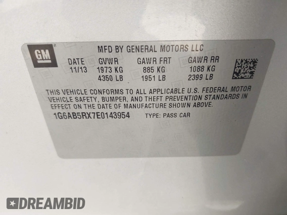 2014 Cadillac ATS Luxury RWD with VIN 1G6AB5RX7E0143954, listed as a IAAI auction lot 42156629 with 79,619 mi miles and . Bid and sale history available at DreamBid. Image 9.