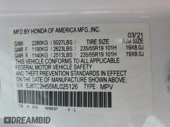 2021 Acura RDX Technology with VIN 5J8TC2H55ML025126, listed as a Copart auction lot 55980445 with 37,020 mi miles and Non repairable. Bid and sale history available at DreamBid. Image 13.