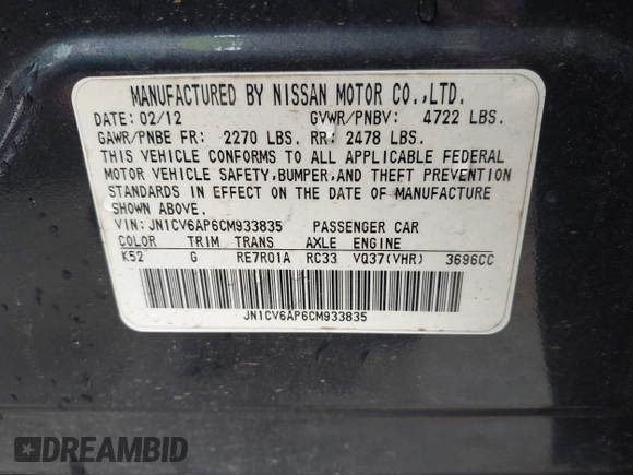 2012 Infiniti G37 Journey with VIN JN1CV6AP6CM933835, listed as a IAAI auction lot 41695436 with 202,549 mi miles and . Bid and sale history available at DreamBid. Image 9.