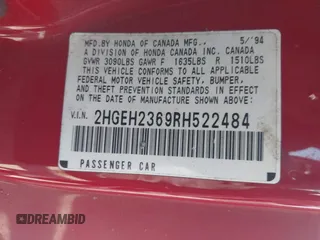 1994 Honda Civic z VIN 2HGEH2369RH522484, wystawiony jako IAAI lot #42179989 z przebiegiem 248 985 mil mil oraz . Historia ofert i sprzedaży dostępna na DreamBid. Obrazek 9.