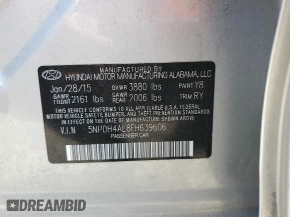 2015 Hyundai Elantra SE with VIN 5NPDH4AE8FH639606, listed as a Copart auction lot 55970335 with 87,714 mi miles and Salvage title. Bid and sale history available at DreamBid. Image 13.