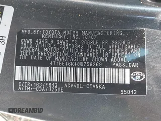 2008 Toyota Camry LE with VIN 4T1BE46K48U758269, listed as a IAAI auction lot 42242048 with 153,847 mi miles and . Bid and sale history available at DreamBid. Image 9.
