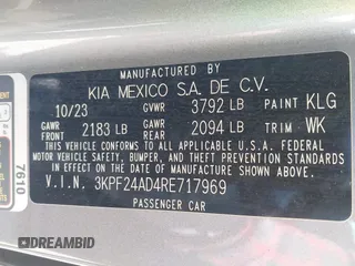2024 Kia Forte LXS with VIN 3KPF24AD4RE717969, listed as a IAAI auction lot 41894734 with 46,705 mi miles and . Bid and sale history available at DreamBid. Image 9.