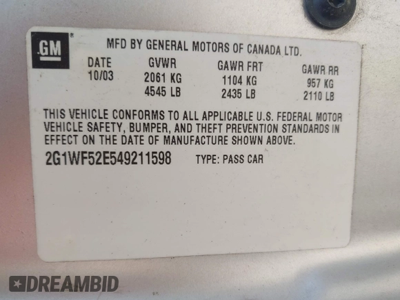 2004 Chevrolet Impala with VIN 2G1WF52E549211598, listed as a IAAI auction lot 42536746 with 217,222 mi miles and . Bid and sale history available at DreamBid. Image 9.