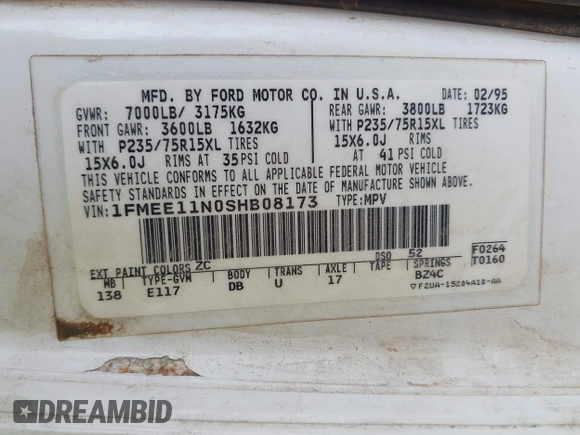 1995 Ford Econoline Cargo with VIN 1FMEE11N0SHB08173, listed as a IAAI auction lot 41807197 with 164,320 mi miles and . Bid and sale history available at DreamBid. Image 9.