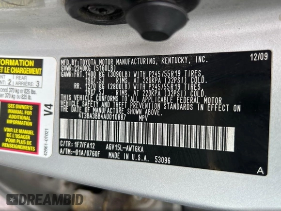 2010 Toyota Venza with VIN 4T3BA3BB4AU010887, listed as a Copart auction lot 54277325 with 300,278 mi miles and Clean Title. Bid and sale history available at DreamBid. Image 10.