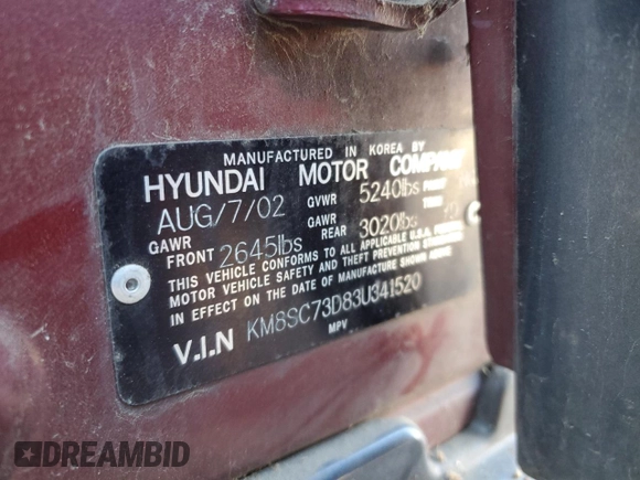 2003 Hyundai Santa Fe GLS with VIN KM8SC73D83U341520, listed as a Copart auction lot 84352084 with 43,421 mi miles and Clean Title. Bid and sale history available at carsss.com. Image 13.