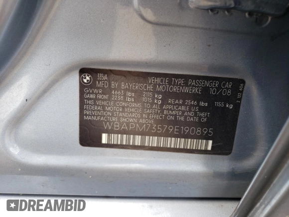 2009 BMW 3 Series 335i with VIN WBAPM73579E190895, listed as a Copart auction lot 63645945 with 102,174 mi miles and Salvage title. Bid and sale history available at DreamBid. Image 12.