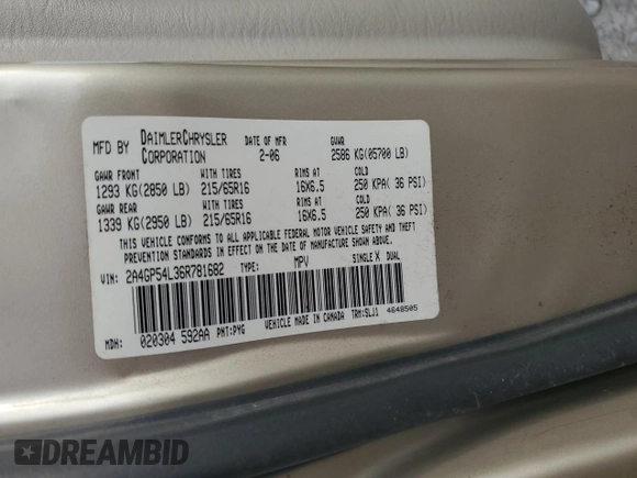 2006 Chrysler Town & Country LWB Touring with VIN 2A4GP54L36R781682, listed as a Copart auction lot 78051864 with 187,417 mi miles and Clean Title. Bid and sale history available at carsss.com. Image 14.